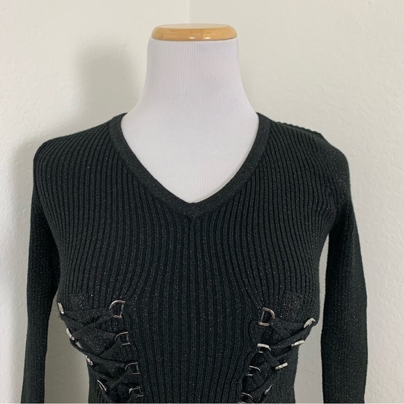 Guess Metallic Ribbed Knit Lace Up Corset Bodycon Dress Retro Y2K - Picture 11 of 12